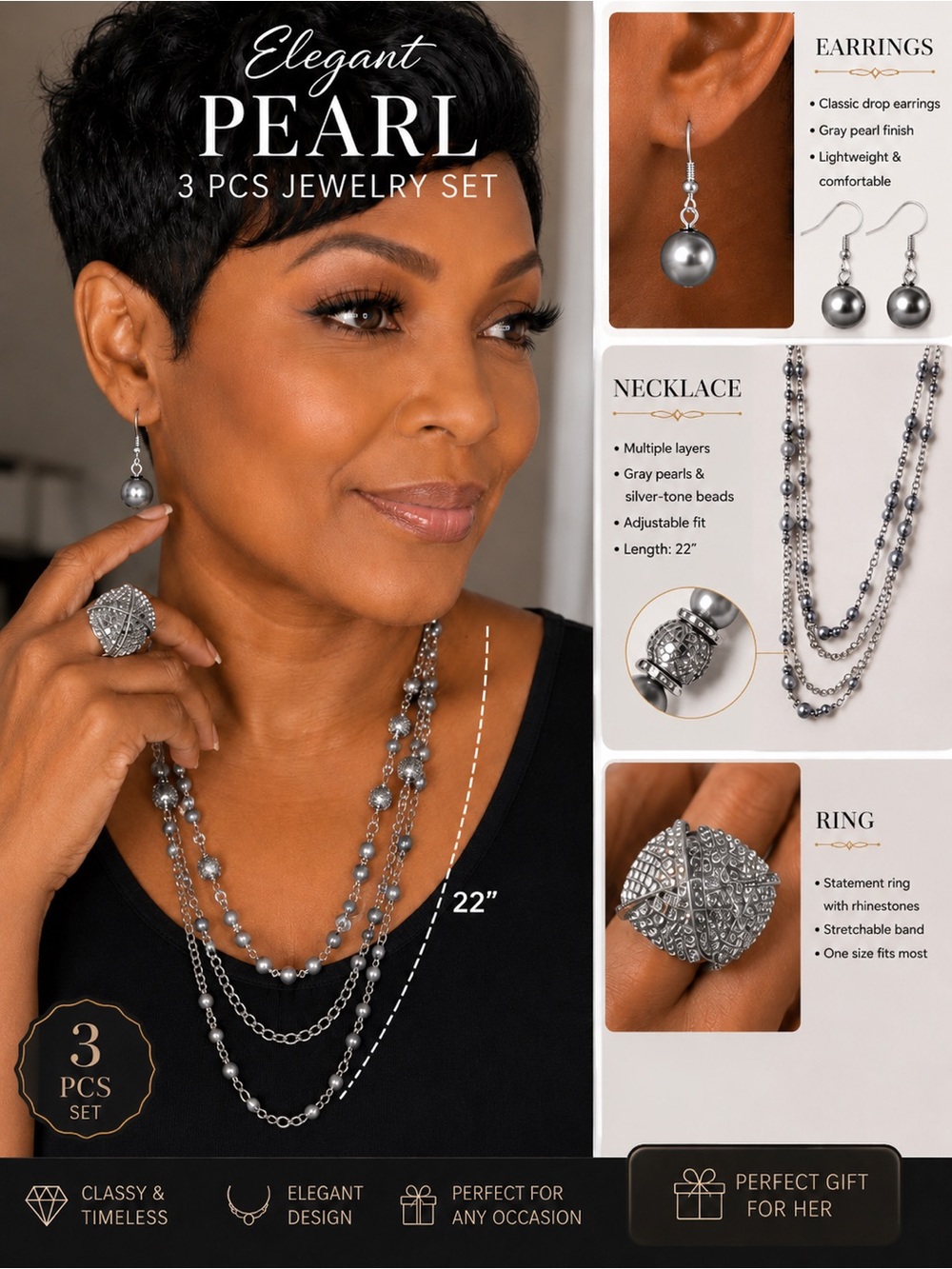 Elegant Gray Pearl 3-Piece Jewelry Set - Necklace, Earrings & Ring